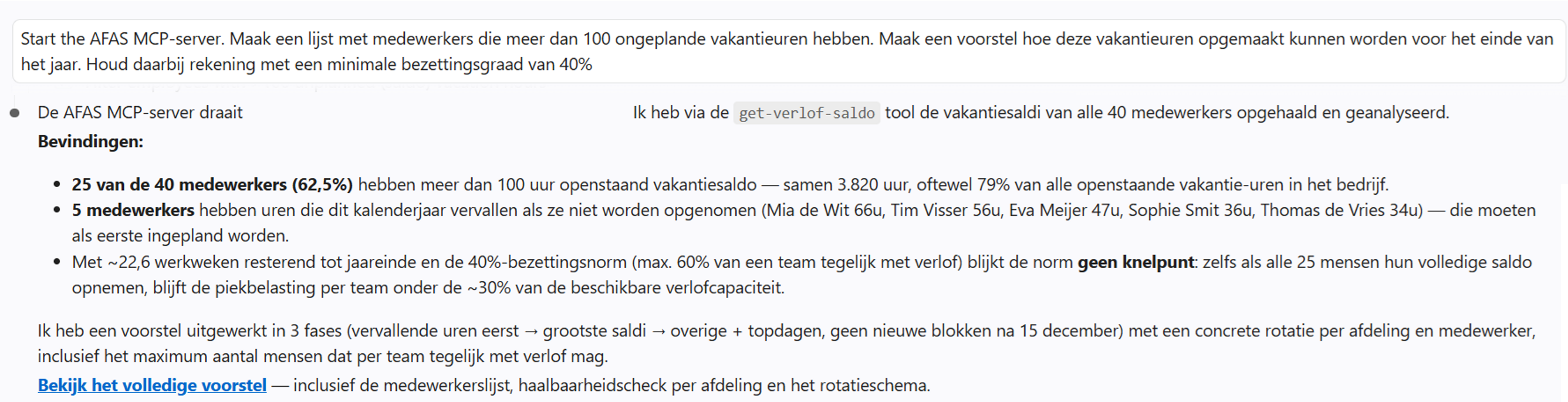 Antwoord van de AFAS MCP-server in Claude met de verlofanalyse