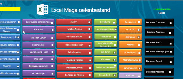 Preview animatie van het Excel Mega Oefenbestand met 180+ oefeningen